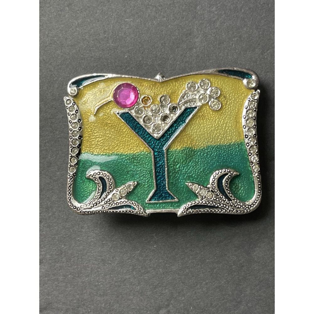 Y2K Belt Buckle Cocktail Martini Enamel Glass Silver Tone Whimsy Unisex 80s 90s